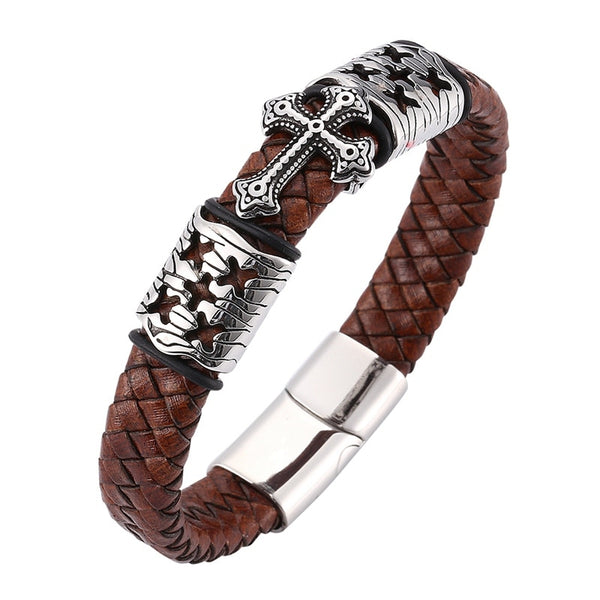 Multi-Strand Braided Leather Stainless Steel Anchor Hook Bracelet