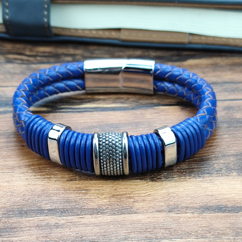 Men's Double Braided Royal Blue Leather Stainless Steel Bracelet – My  Passion for Jewelry