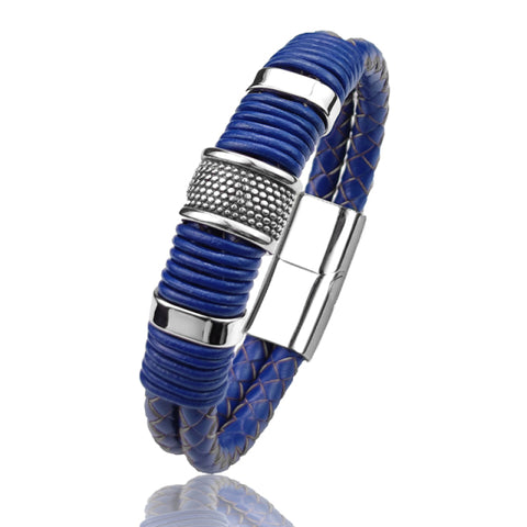 Men's 3-Layer Blue & Grey Braided Leather Bracelet with Stainless Steel