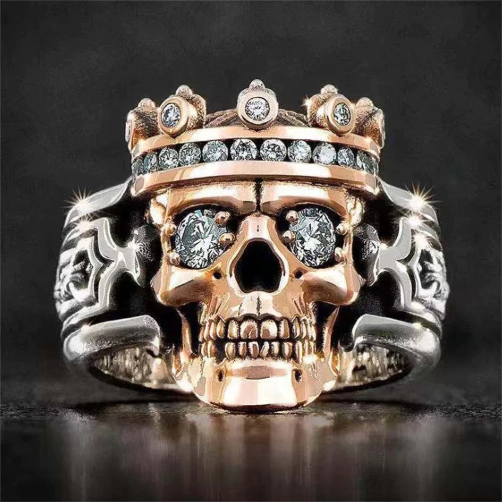Personlity 3D Stereo Engraving Crown Skull Rings for Women Men Hip Hop Gold  Color Red Zircon Skeleton Biker Ring Party Jewelry